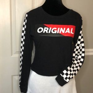 Cropped Long Sleeve T-Shirt Sz.M, Black, Checkerboard Stripe Sleeves, ORIGINAL